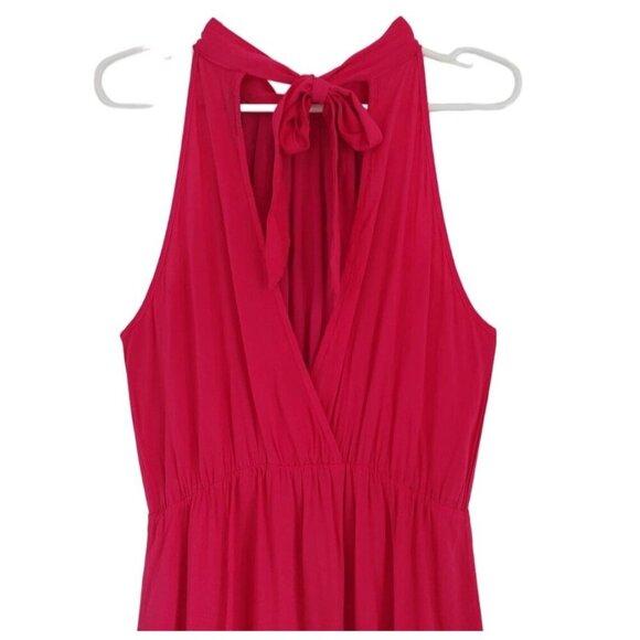 Pink sleeveless halterneck dress with ruffle hem and bow at back, viscose. - Picture 5 of 7